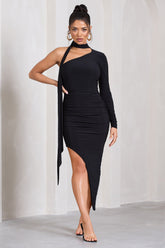 Black Asymmetric One-Sleeved Midi Dress With Scarf